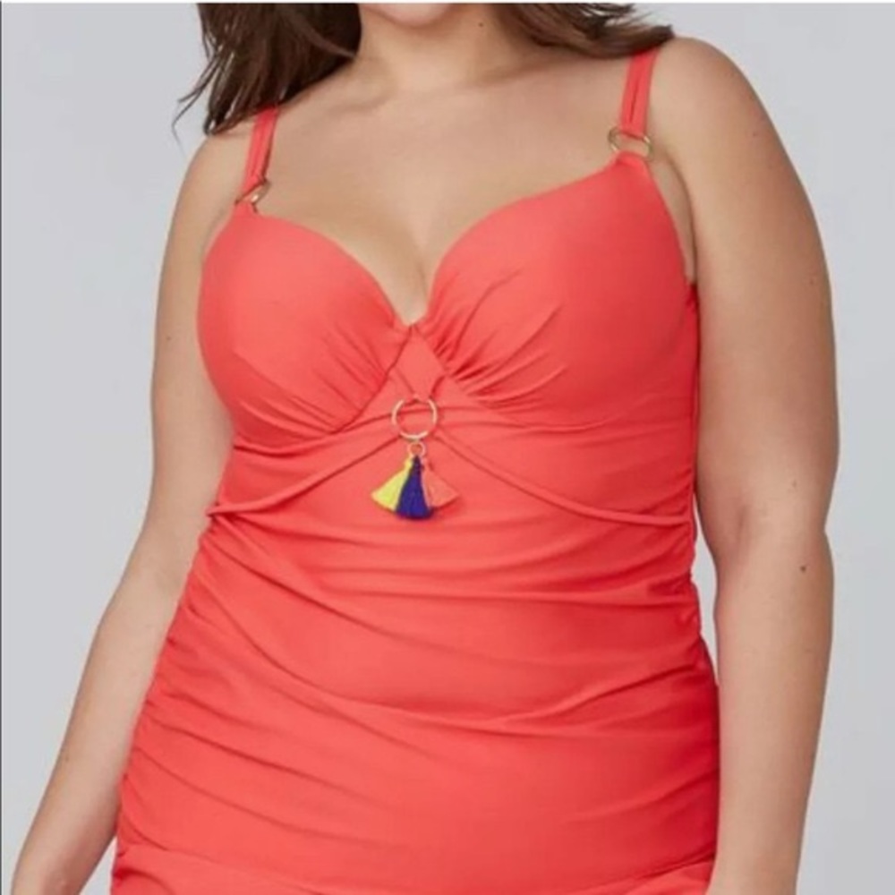 Cacique Coral-Red One-Piece Swimsuit with Multicolor Tassel